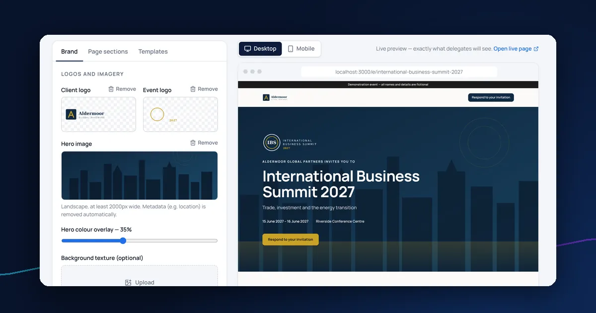 The DelegateFlow Branding Studio with a live preview of an event page